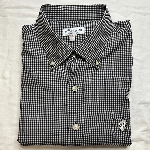 Peter Millar SEC Vanderbilt Commodores Logo Striped L/S Shirt Mens L Black Plaid - Picture 1 of 8
